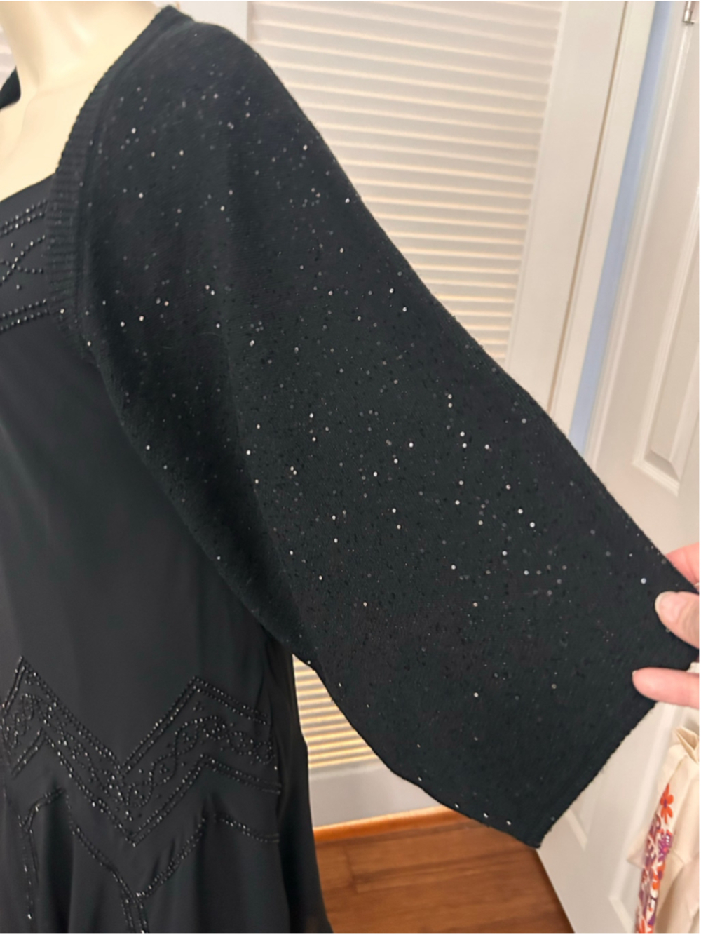 Echo Black Sequin Open Front Wool Blend Sweater Jacket L/XL NWT